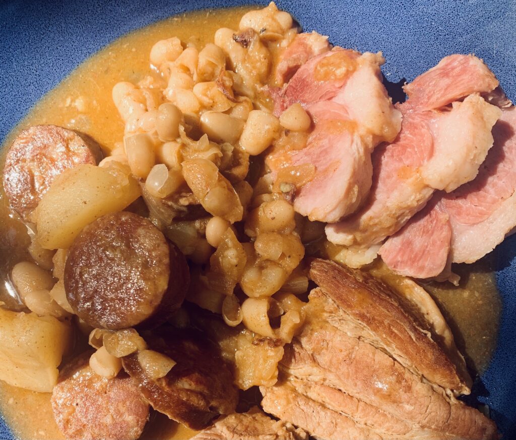 Fabada-style pork and beans close-up