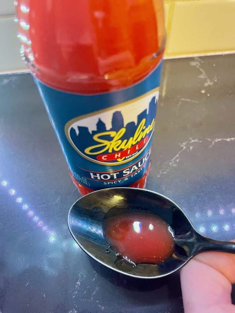 Skyline Chili Hot Sauce on a spoon