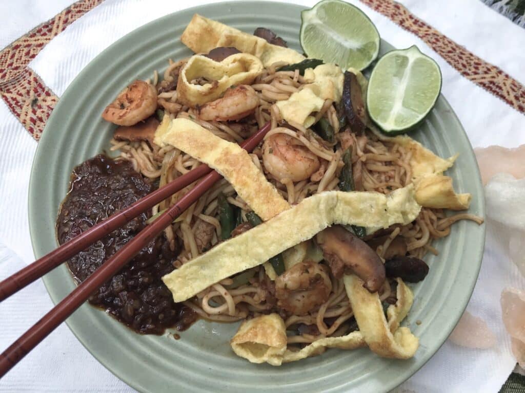 Mie goreng with sambal bajak, plated and ready to serve