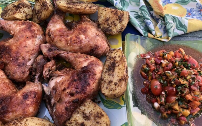 Turkish roasted chicken with acili ezme and orange sumac potatoes